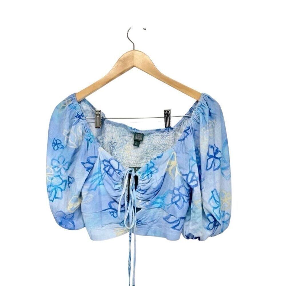 Wild Fable Cropped‎ Top Size Small Floral Print Blue Puff Sleeve Shirt Womens